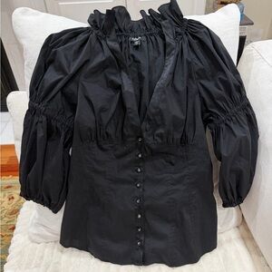 bebe Black Puff Sleeve Ruffle Neck Blouse Small Y2K Victorian Gothic Romantic